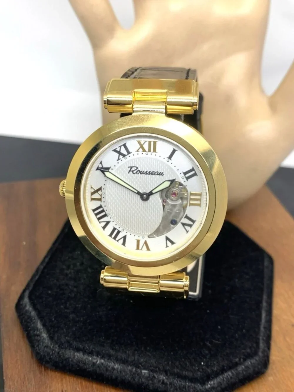 Rousseau Men's Watch Automatic Reverso Gold Tone Case Leather Strap 40mm